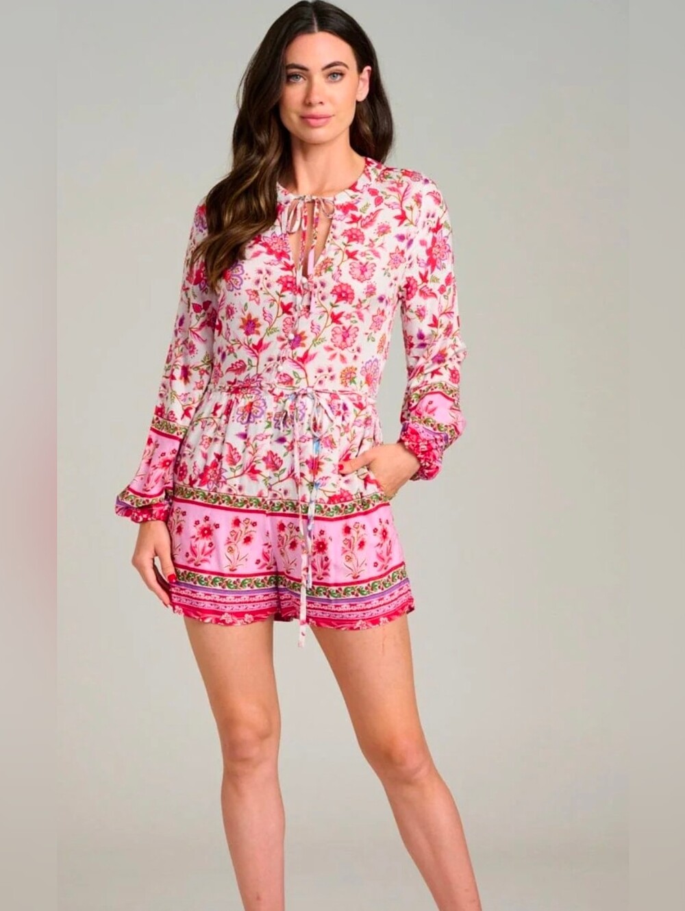 WOMEN'S LONG SLEEVE BUTTON UP FRONT POCKETS FLORAL ROMPER